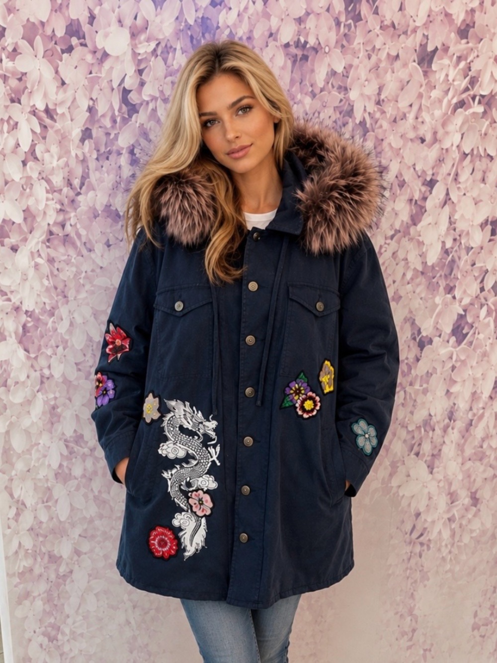 Cinq&Sept Womenโs Navy Blue Embroidered Jacket with Genuine Silver Fox Fur Hood